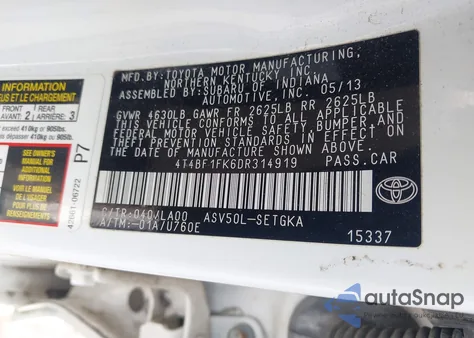 2013 Toyota Camry Xle z USA, uszkodzony, nr VIN 4T4BF1FK6DR314919